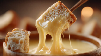 Hot melted cheese stretching from a fondue pot with a piece of bread on a fork, creating a delicious and inviting culinary experience for cheese