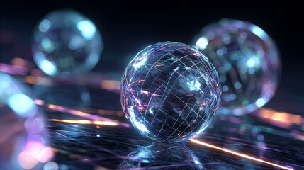 Glowing crystal spheres with digital grid patterns and light trails against dark background with bokeh effects