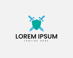 Two crossed swords behind a green shield with blue accents and text lorem ipsum tagline here