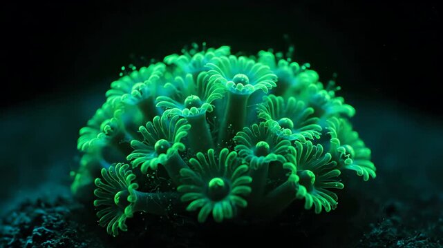 Vibrant green coral polyp glows underwater in dark ocean depths with intricate details