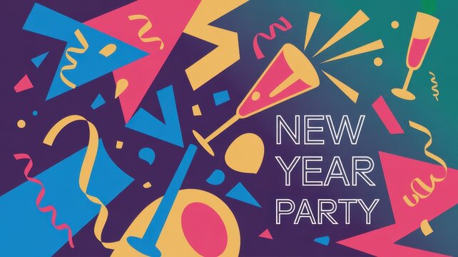 Colorful geometric confetti and champagne glasses on a gradient background with text new year party, representing a festive celebration concept - Powered by Adobe