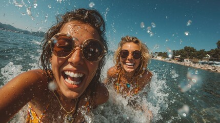 Joyful women splashing in sunny ocean waves on a stunning beach day