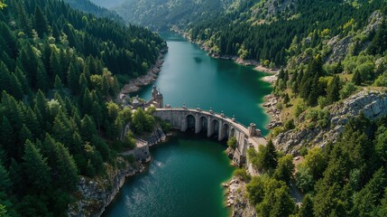 Breathtaking aerial view of scenic forest landscape with tranquil lake and historic stone dam in mountains
