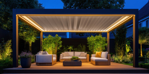Naklejka premium Modern illuminated pergola creating evening outdoor living space