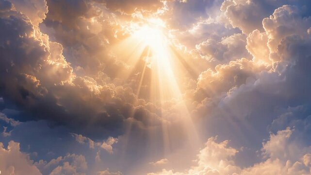 Camera moving through golden cumulus clouds in seamless loop. Sunbeams shining through thick cloud layer in bright sky.