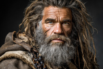 Bearded ancient man with long dreadlocks and intense brown eyes, portrait of caveman in rugged outfit