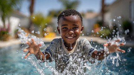 Black boy having fun, african child playing in splashing water by pool on sunny day