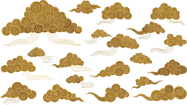 Collection of traditional golden Japanese clouds with spiral patterns and wind lines isolated on white background for oriental luxury design.