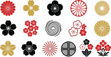 Japanese floral emblems collection, traditional cherry blossom sakura motifs, red black and gold oriental ornaments, cad drawing flat vector illustration © IconicCreations