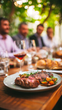Grilled steak with vegetables on plate at dinner table with people in background