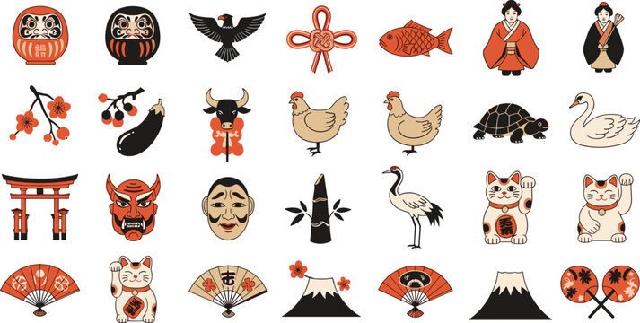 Japanese culture folklore icon set, lucky beckoning cat maneki neko daruma doll, traditional oriental ornaments, cad drawing flat vector illustration