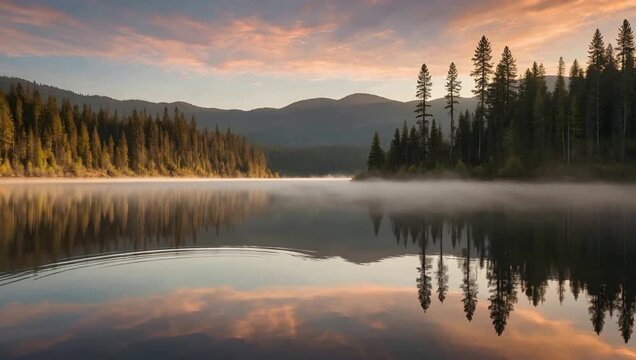 Lago tranquilo al amanecer con reflejos de bosque y monta&ntilde;as, cielo en movimiento y niebla baja desliz&aacute;ndose suavemente