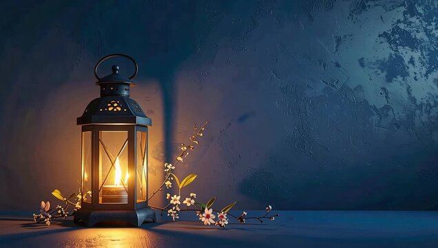 Farol con vela encendida proyectando sombras en la pared, escena nocturna c&aacute;lida y atmosf&eacute;rica con luz parpadeante