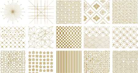 Japanese traditional pattern collection, golden geometric luxury background, set of oriental ornaments, floral textures, abstract line art, cad drawing flat vector illustration