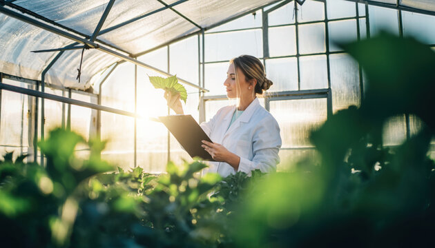 Scientist woman examining plant leaves in greenhouse research