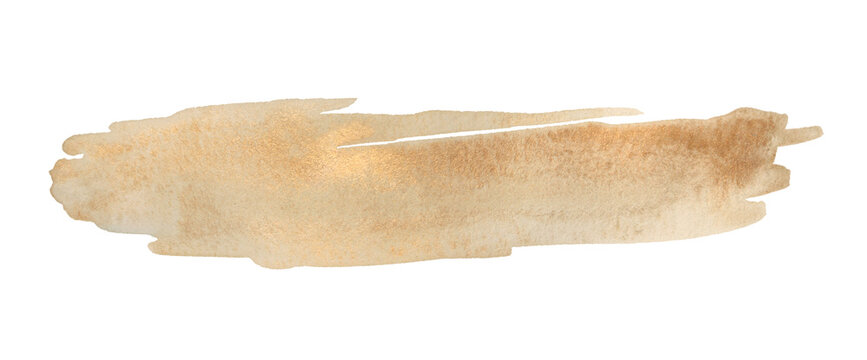 Glow gold, beige nacre glitter metallic ink watercolor smear brush stroke stain blot isolated on white background.