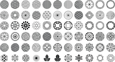 Traditional Japanese Circular Pattern Ornament Set Featuring Black And White Geometric Mandalas Floral Motifs And Zen Symbols In Vector Illustration © IconicCreations