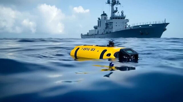 Autonomous underwater vehicle patrolling ocean with navy ship, A navy ship and an autonomous underwater vehicle operate together in the ocean, highlighting naval exploration efforts