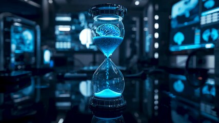 Glowing digital hourglass inside high technology laboratory with flowing particles visualizing time measurement, data processing and scientific control systems - Powered by Adobe