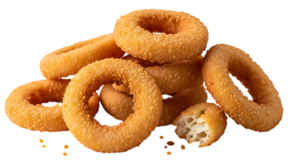 Golden crispy fried onion rings piled with a broken piece on dark background