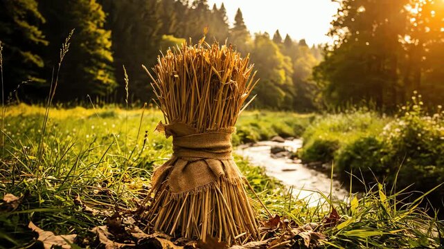 A rustic sheaf of golden wheat stands by a peaceful stream in a sunlit forest during the harvest season.
