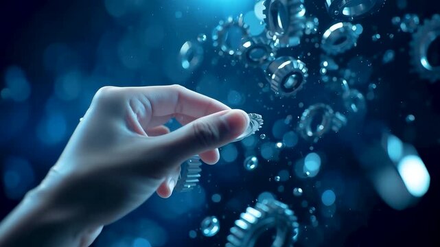 Human hand interacting with glowing digital particles and mechanical elements illustrating advanced technology interaction, innovation and modern scientific interface