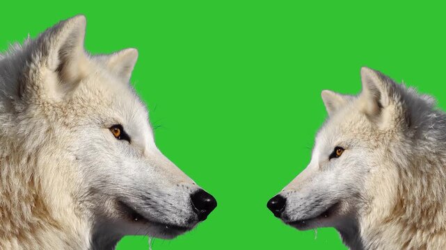 two polar wolves on a green screen