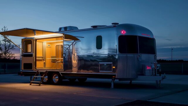 Modern travel trailer parked at dusk with warm interior lighting creating cozy mobile living atmosphere and peaceful roadside camping experience