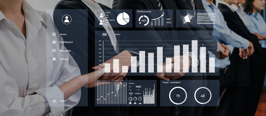 A group of business professionals engages in collaboration, enhanced by data analytics visuals demonstrating insights, trends, and modern workplace dynamics. Axiom