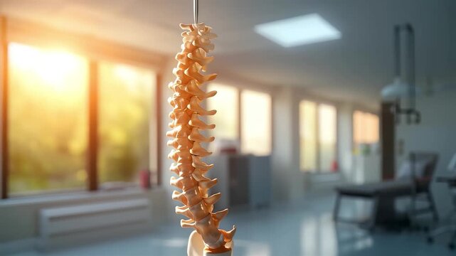 Human spine model suspended in bright medical clinic interior with warm sunlight highlighting spinal anatomy, posture health and orthopedic education setting