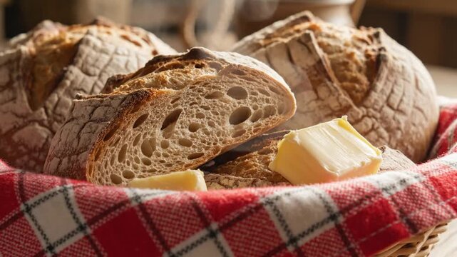 Rustic Sourdough Bread Loaves and Slices with Butter in a Woven Basket on a Red Plaid Cloth.