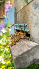 Busy bees exiting hive
