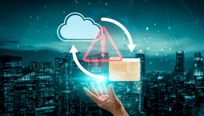 A hand reaching out towards a cloud symbol, emphasizing data transfer and security concerns in a high-tech urban setting illuminated at night. Gantry