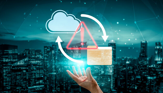 A hand reaching out towards a cloud symbol, emphasizing data transfer and security concerns in a high-tech urban setting illuminated at night. Gantry - Powered by Adobe