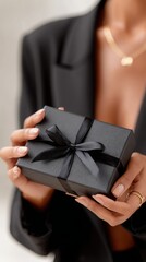 Stylish Woman in Black Suit Holding Black Gift with Ribbon on Black BackgroundClose-Up of Hands Presenting Black Gift Box, Elegant Studio Portrait