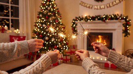 Hands hold sparkler sticks as a group celebrates New Year in front of a decorated Christmas tree and a fireplace in a cozy room