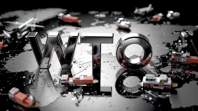 World Trade Organization letters breaking apart amid industrial debris highlighting international commerce disruption, trade disputes and global market pressure
