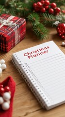 Blank Christmas Gift Checklist on Wooden Table with Red and White Holiday Decorations