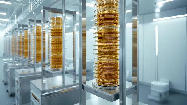 Modern data center interior with transparent racks storing stacked digital assets and secure financial infrastructure for advanced computing operations