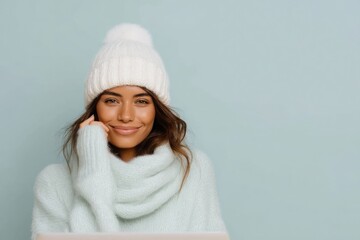 beautiful girl in a warm hat and sweater on a blue background, copy space, place for text, advertising banner of winter clothes. Portrait of Stylish Girl in Winter Outfit on Blue Background, 