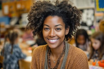 Portrait of a confident Black female teacher with natural hair smiling in a classroom. Blurred students in the background representing education, mentorship, and primary school life.