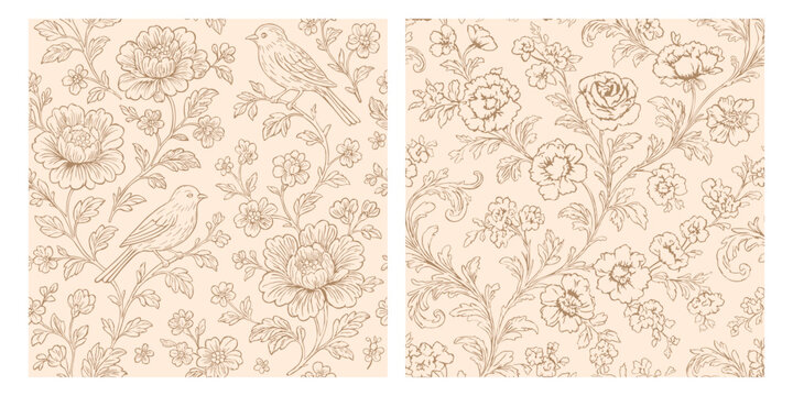 Toile de jouy vector seamless vintage pattern set. Pastel beige color palette