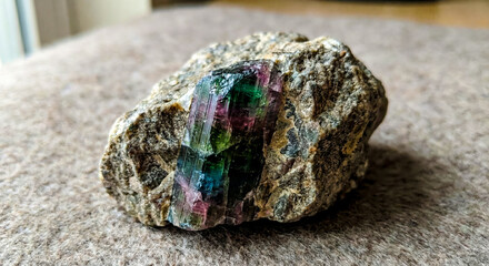 Bi-color tourmaline crystal with visible pink and green gemmy zones, embedded in a granite pegmatite matrix