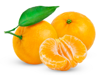 Peeled half, piece or slices of mandarin or clementine with green leaf isolated. Tangerine fruits and half of tangerine with clipping path.