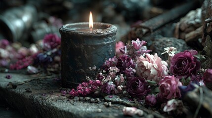 A flickering candle sits amid wilted roses on a stone ledge, surrounded by scattered petals and debris. The scene whispers of memory, loss, and fragile beauty in decay.