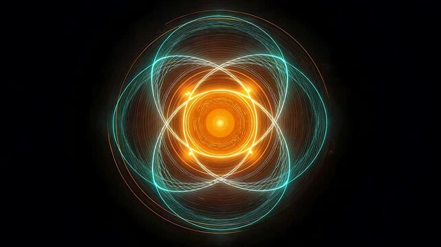 Glowing atomic energy core with orbiting light paths and radiant particle motion in dark space showing advanced physics and power concept