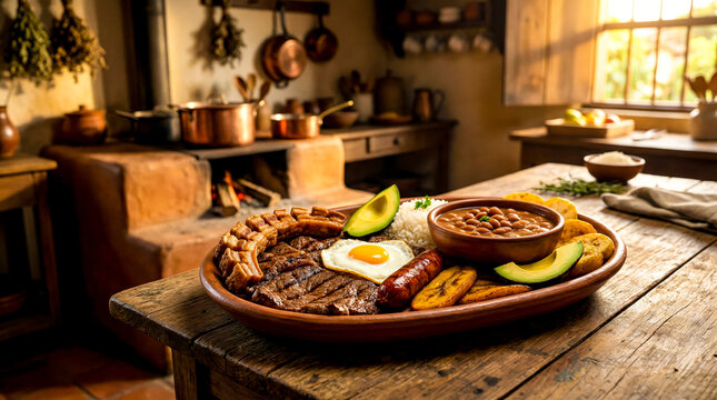Traditional Colombian bandeja paisa with grilled steak fried egg and pork belly on a wooden table in a rustic kitchen.