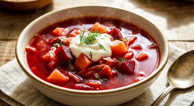 Ukrainian borscht beet soup with a dollop of sour cream and fresh dill in a ceramic bowl.