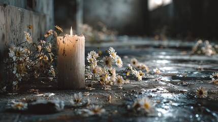 A single candle flickers amid scattered daisies on a damp, forgotten floor. The scene whispers of memory, loss, and quiet reverence in decay.