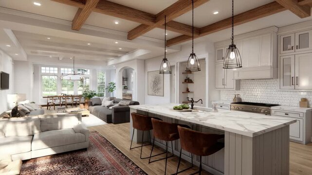 Bright modern farmhouse kitchen and living room, Bright modern farmhouse kitchen and living room with airy open layout and rustic chic accents